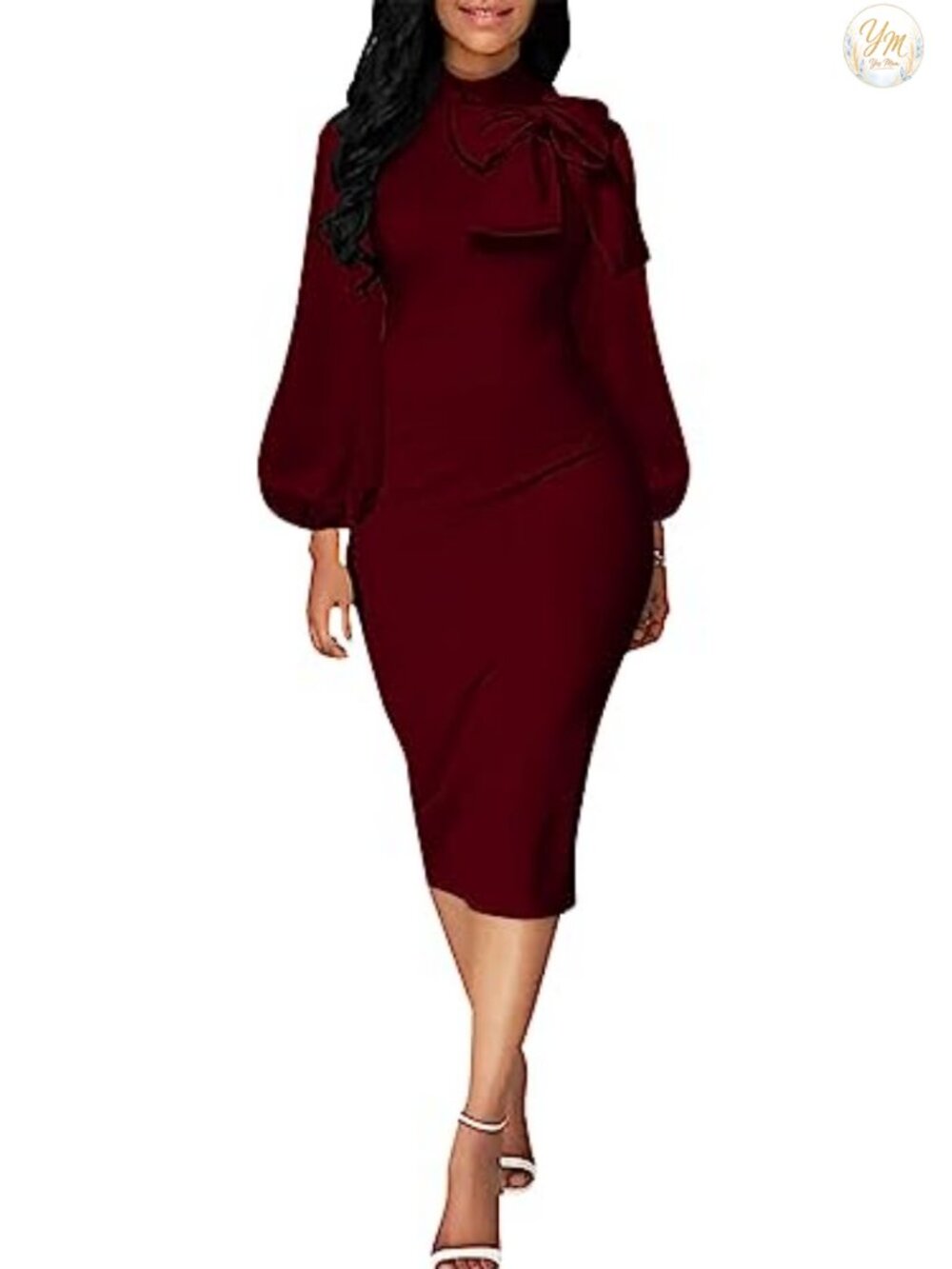 Women's Bishop Sleeve Midi Bodycon Dress Work Office Casual